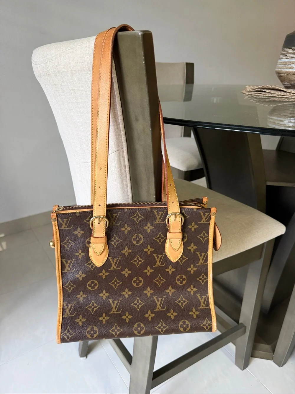 Louis Vuitton Brown Monogram Canvas Shoulder Bag with Tan Leather